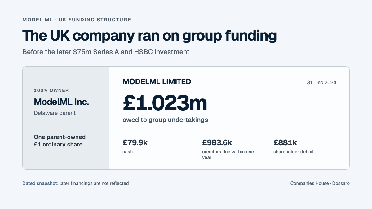 Model ML graphic showing its Delaware parent above a one-share UK subsidiary that owed £1.023 million to group undertakings at 31 December 2024